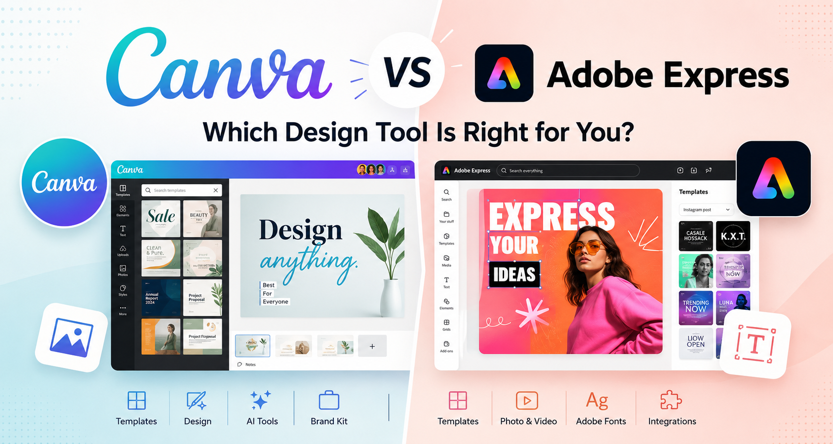 Canva vs Adobe Express comparison graphic showing both design tools side by side with interface previews and feature highlights Title